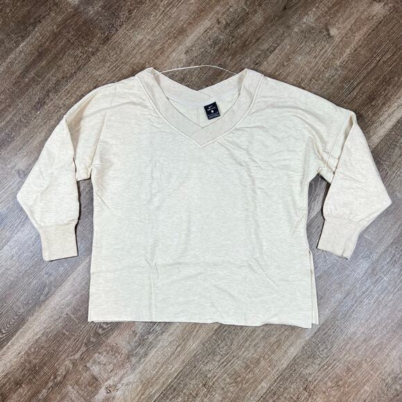 Nike Yoga Luxe Fleece V-Neck Sweatshirt Tan Oversized Slouchy Pullover Athletic - Picture 1 of 5